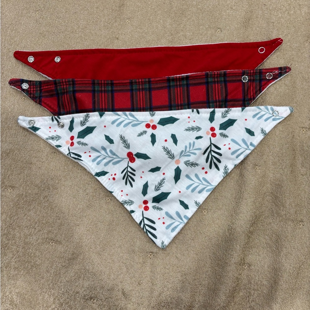 Holiday Bandana Bib Set for Kids - Red, Plaid & White Holly - Snap Closure